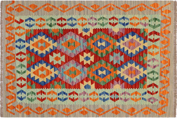 Flat Weave Kilim, Antique, Navaho, Vintage, Handmade, Geometric Kilim Rust Gray Hand-Woven Rectangle 100% Wool Area Rug 4 x 5